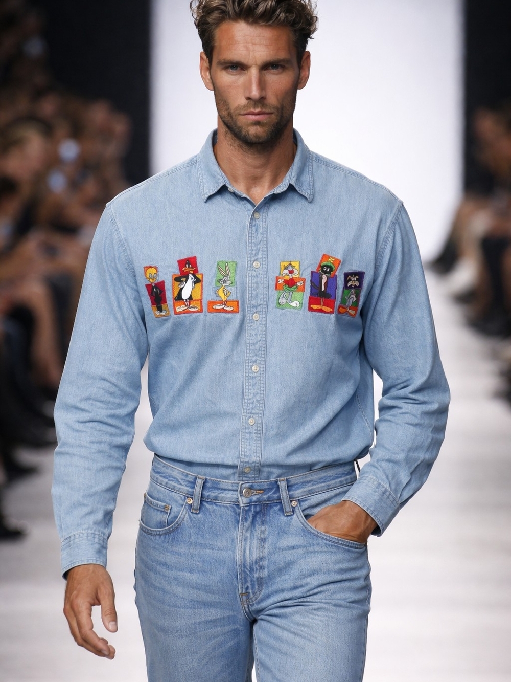 Warner Bros. Light Blue Denim Button-Down Shirt with Multicolor Cartoon Patches